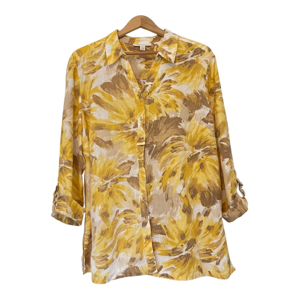 JM Collection Women's Floral Autumn 100% Linen Shirt Size 18